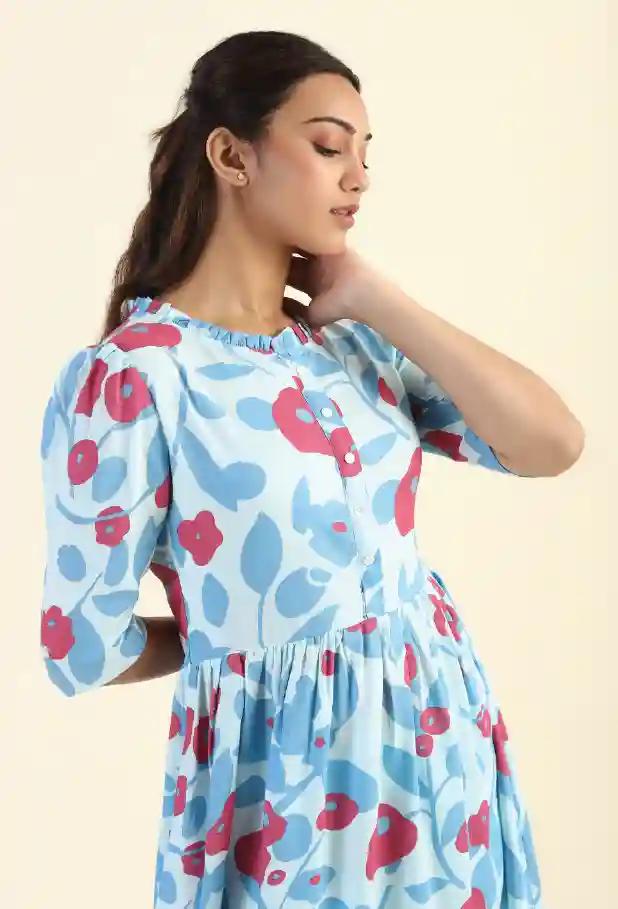 Fragmented Flowers Blue Printed feeding and maternity wear - product media